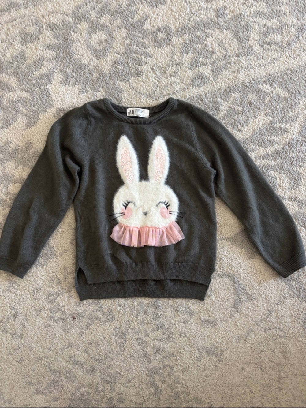 H&M Dark Gray Girls' Bunny Sweater with Pink Ruffle, Size 5T/6